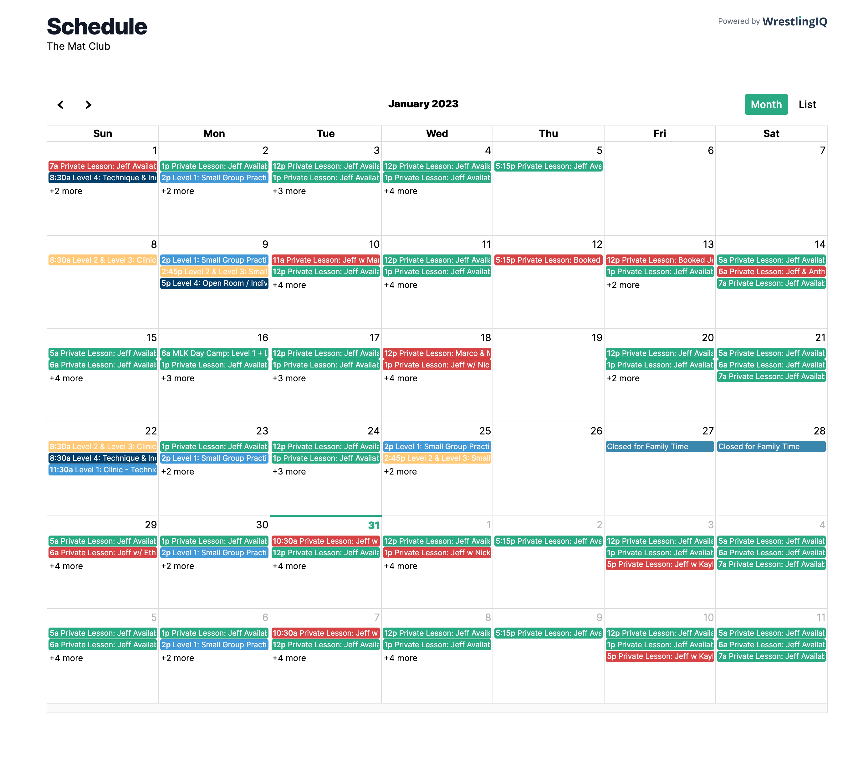 Screenshot of a WrestlingIQ public team calendar