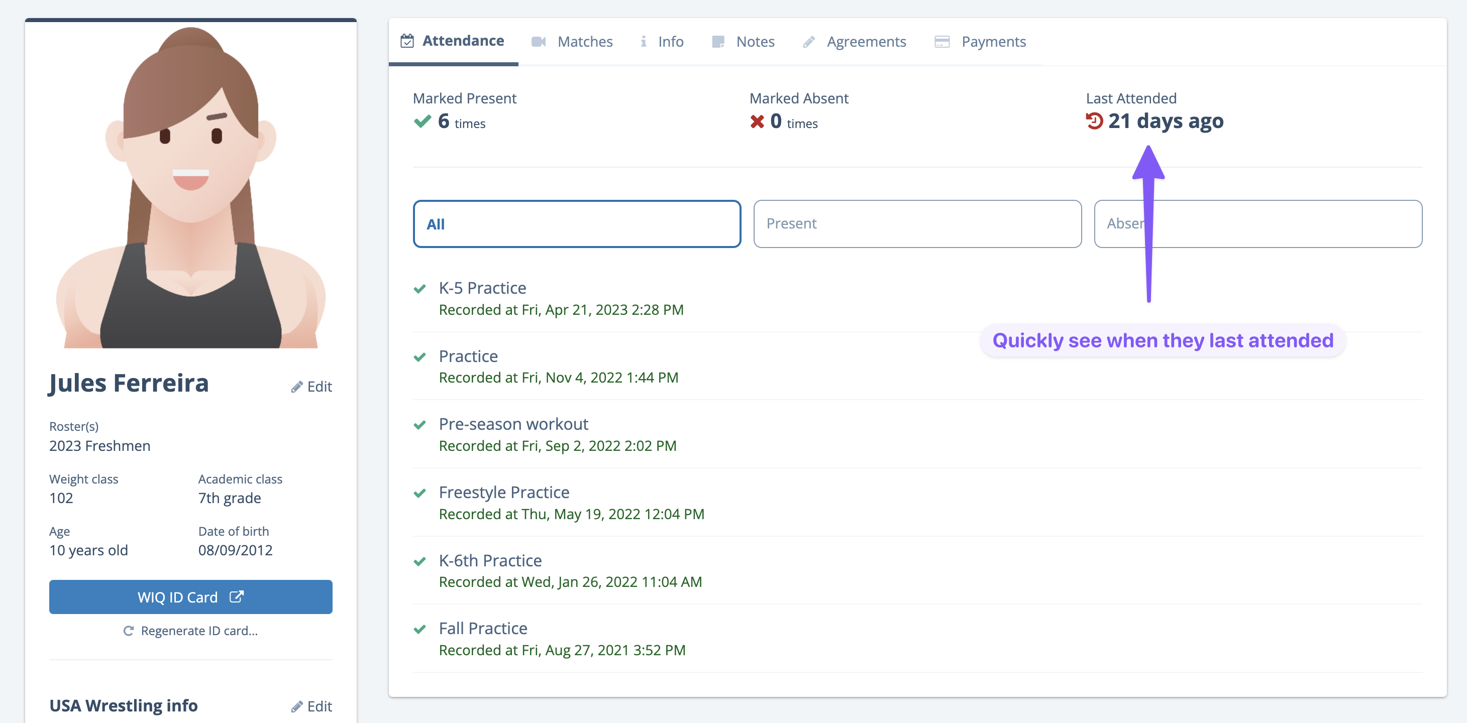 Image of attendance record on a wrestler profile